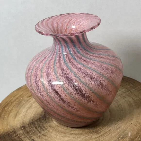 Vintage 1987 Union Street Studio Art Glass Vase Pink Blue Swirl 7” Signed